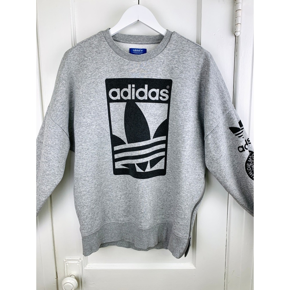 Adidas‎ Gray Side Zip Streetwear Black Logo Sweatshirt M Relaxed Drop Shoulder